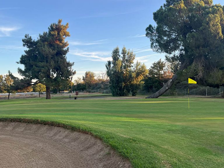 Trees, bunker, and green complex at Lemoore Golf Course in Lemoore, California.
