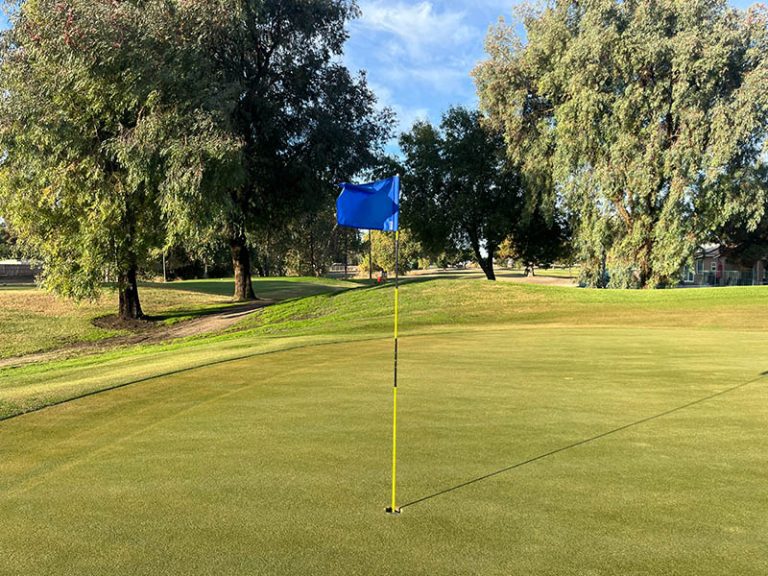 Shaded putting green with blue flag and mature trees at Lemoore Golf Course in Lemoore, California.