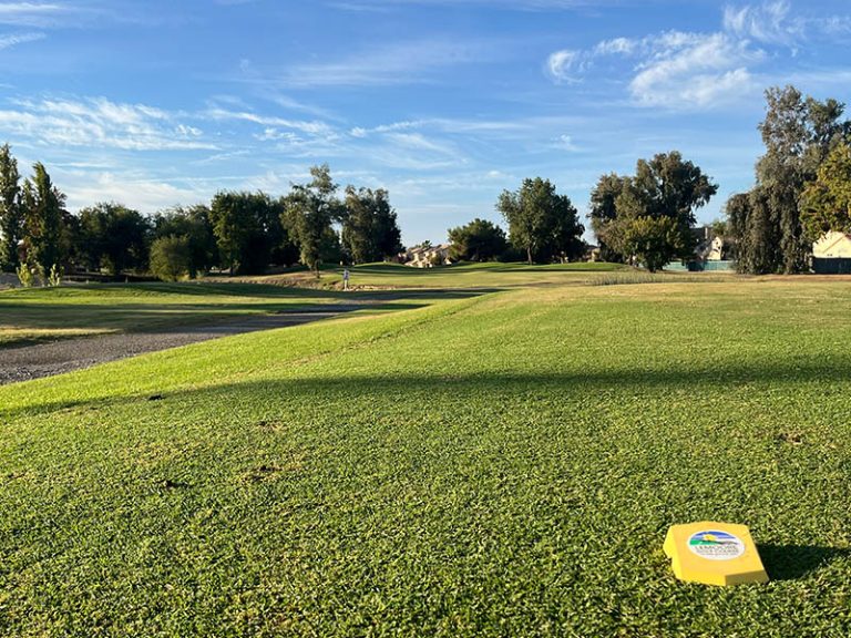Tee box marker overlooking the fairway, water, trees, and green at Lemoore Golf Course.