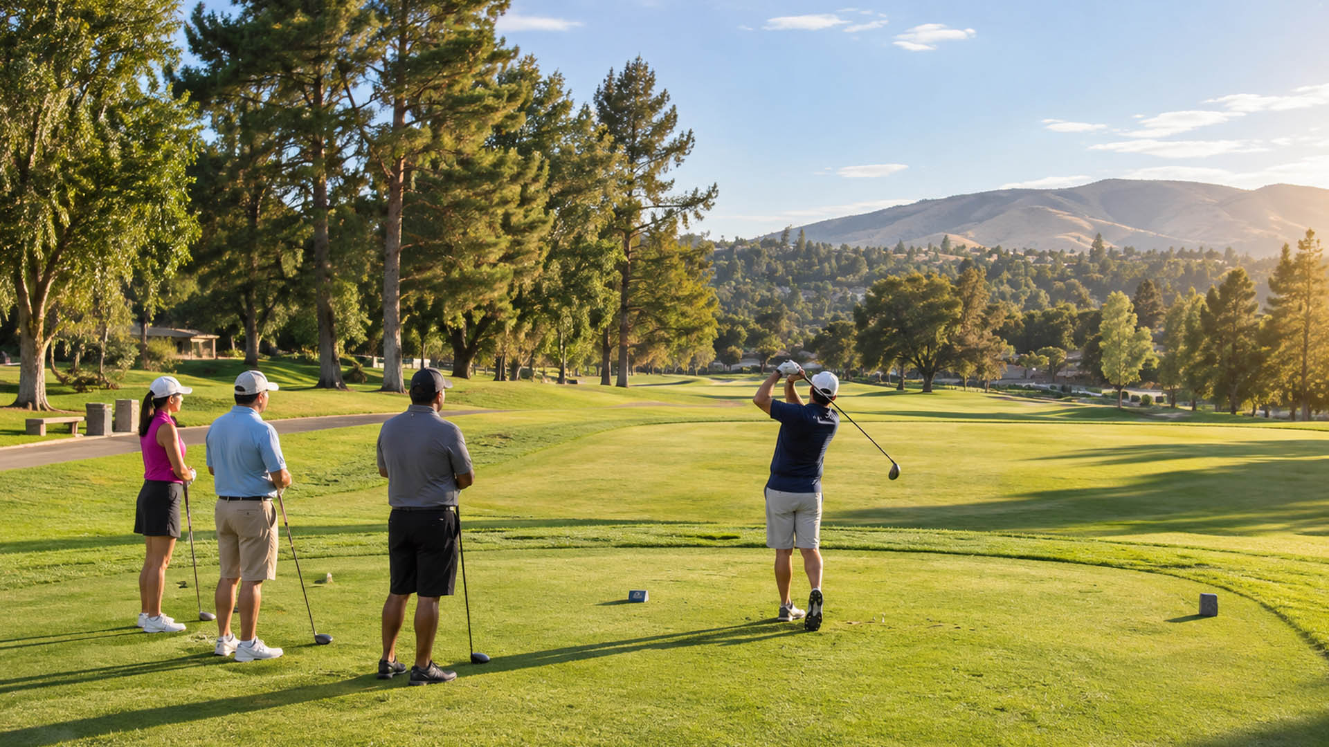 Golfers teeing off on a sunny morning.