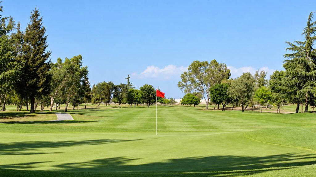 Red flag on a green with fairway and trees at Madera Municipal Golf Course.