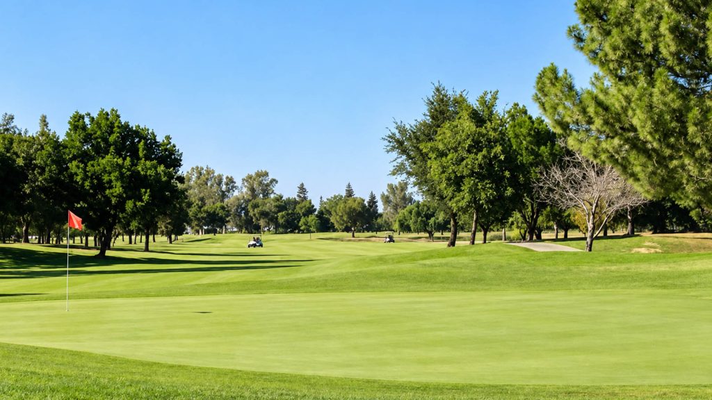 Golf green and fairway at Madera Municipal Golf Course with carts in the distance.