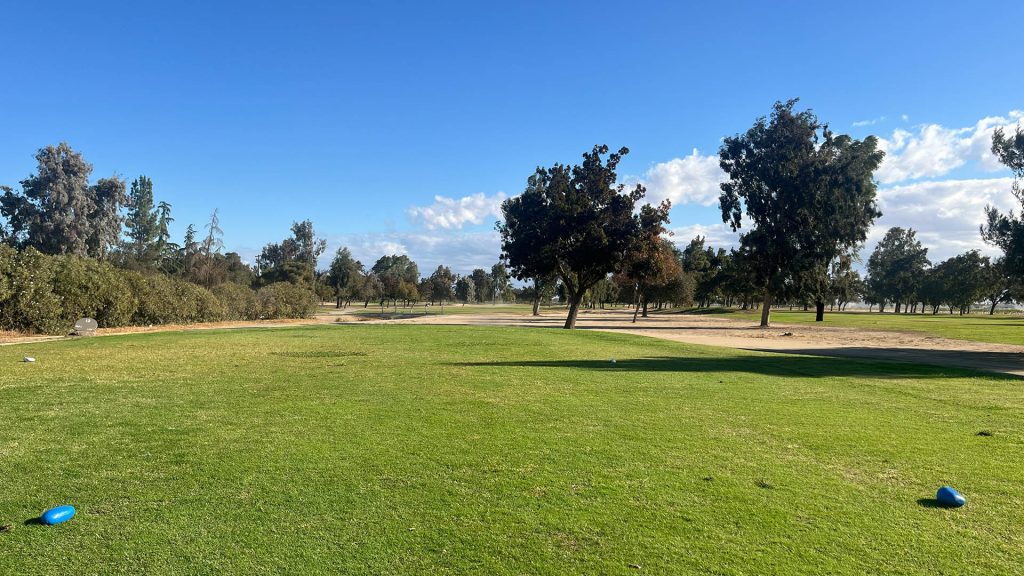 Tee box at Madera Municipal Golf Course with tree-lined fairway and blue sky.