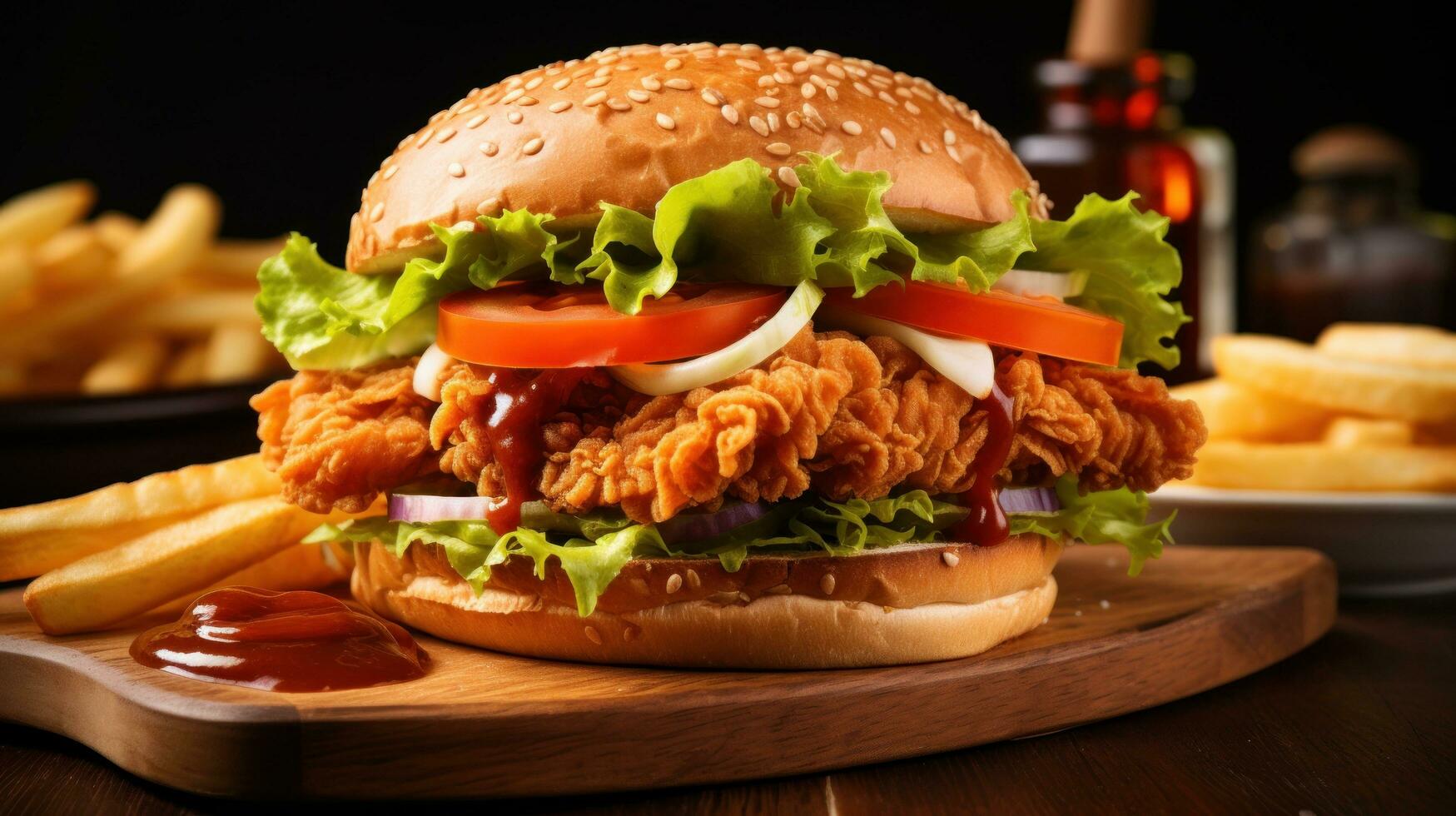 Crispy chicken sandwich with lettuce, tomato, onion, sauce, and fries on a wooden board.