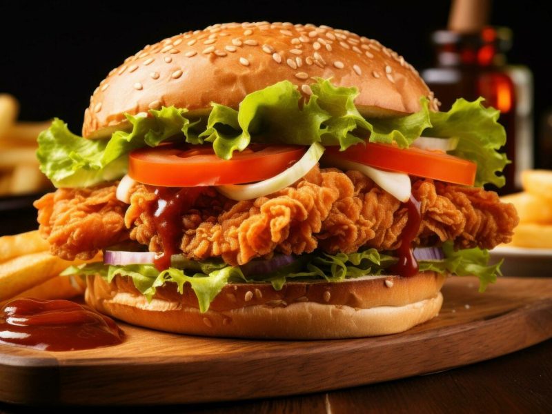 Crispy chicken sandwich with lettuce, tomato, onion, sauce, and fries on a wooden board.