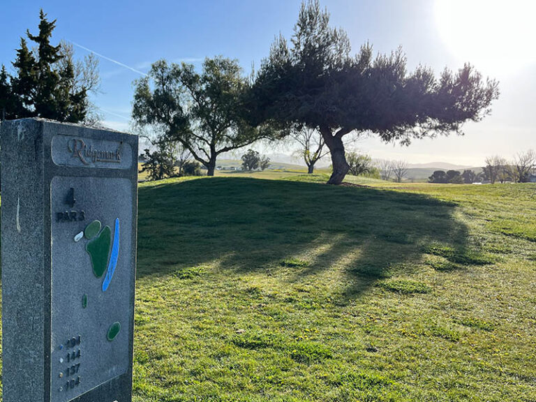 Hole marker for the par-3 first hole at Ridgemark Golf Club & Resort with trees and fairway beyond.