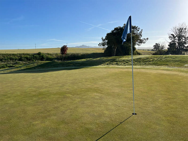 Golf green and blue flag at Ridgemark Golf Club & Resort with open fields and distant mountains.