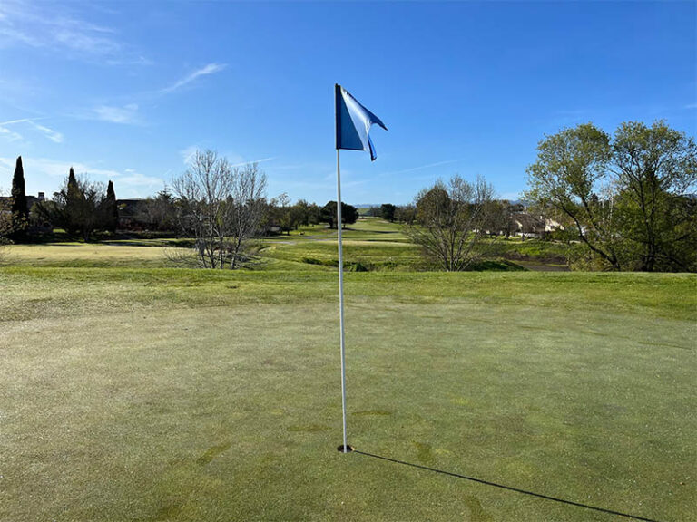 Flagstick on a Ridgemark Golf Club & Resort green with fairway and homes in the background.
