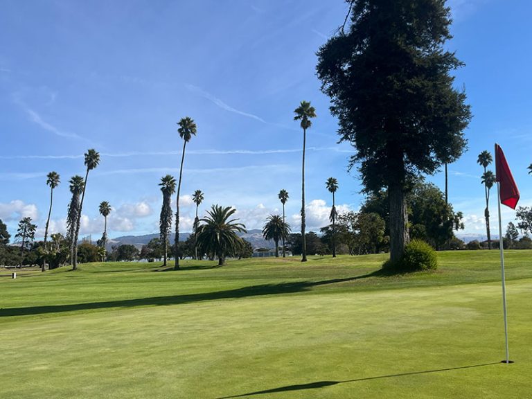 Red flag on a putting green with palm trees and mountains in the distance at Salinas Fairways Golf Course.