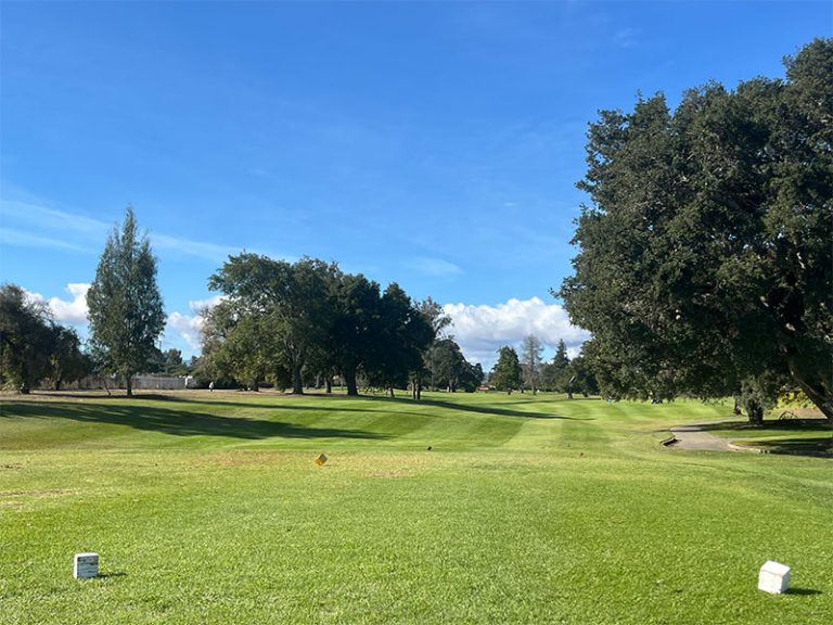 Tee box overlooking a tree-lined fairway with a winding cart path at Salinas Fairways Golf Course.