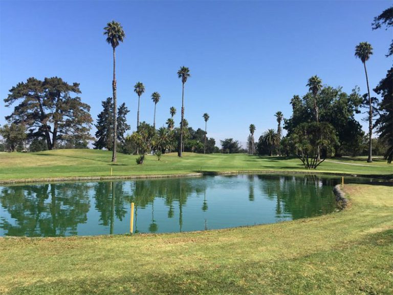 Pond reflecting tall palm trees beside the fairway at Salinas Fairways Golf Course.